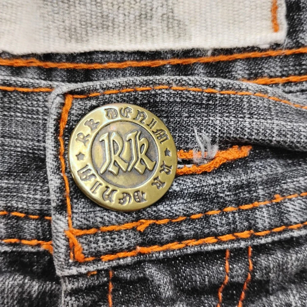 RR Mens Straight Leg Grey Denim Jeans Orange Stitch 42x32 Y2k Baggy